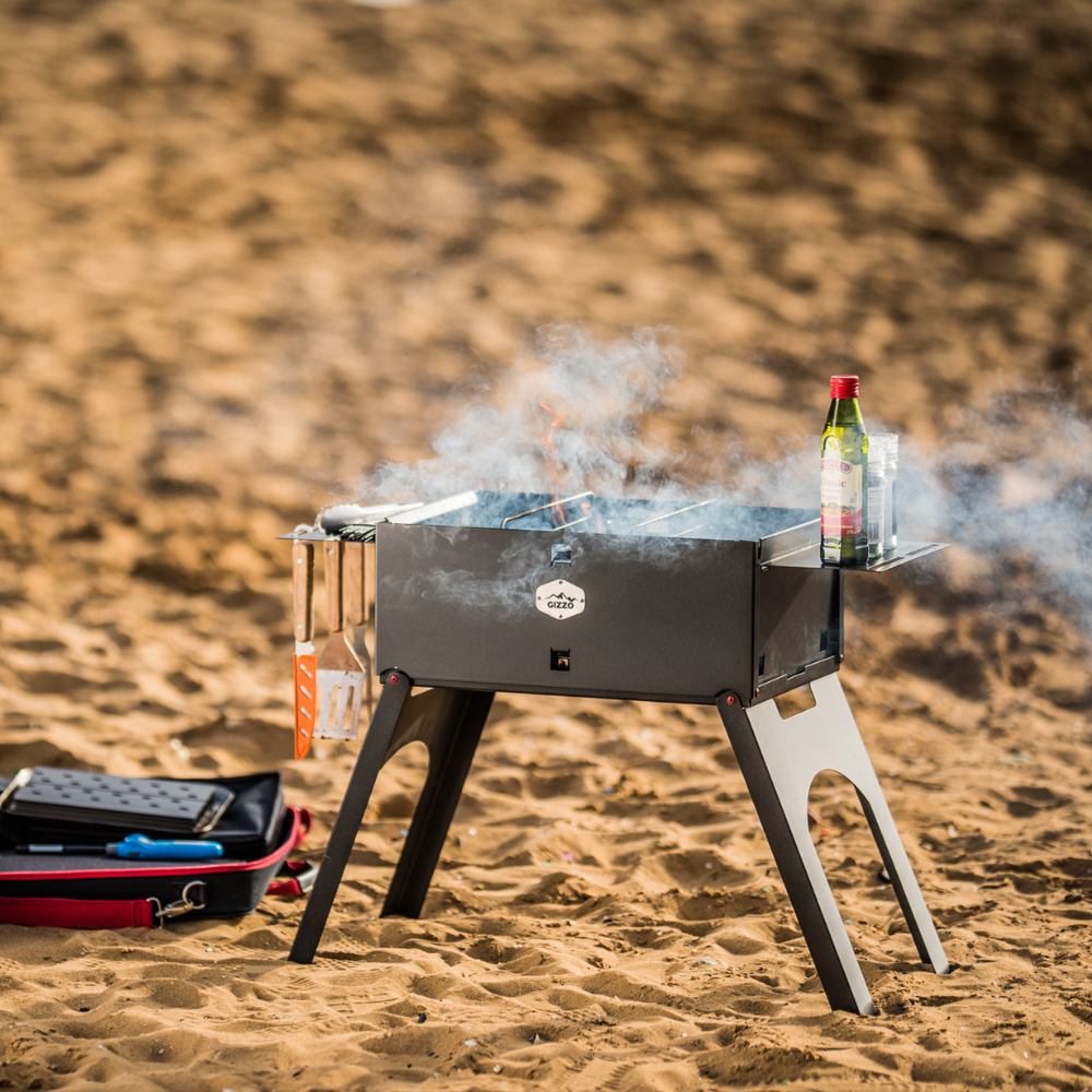 foldable charcoal grill folding with travel case bbq gloves side table easy clan start compact mobile mini small