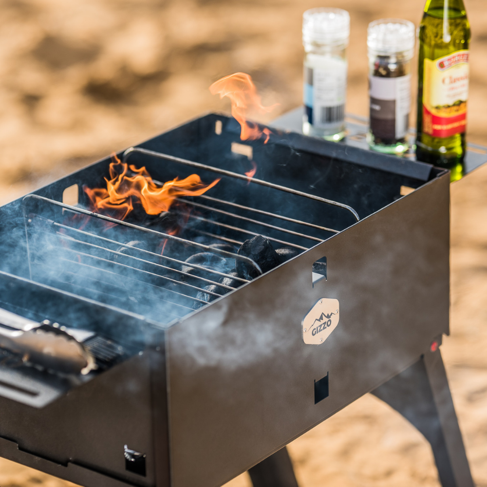 foldable charcoal grill folding with travel case bbq gloves side table easy clan start compact mobile mini small