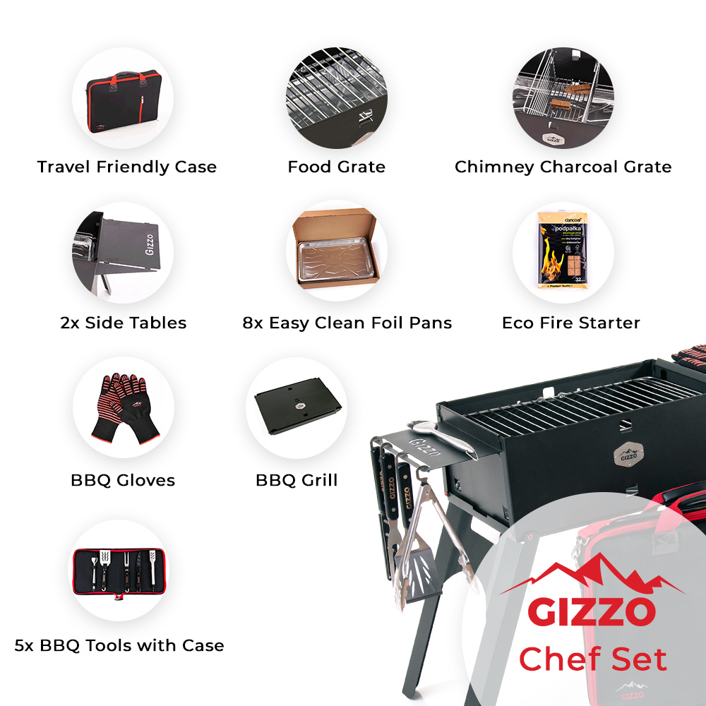 Foldable Portable Charcoal Grill with travel case bbq tools set gloves travel friendly for camping picnic