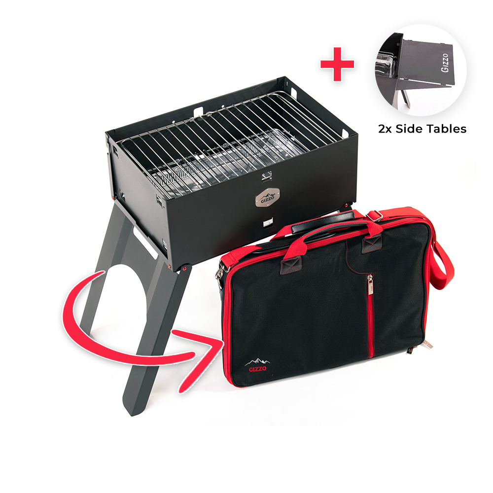 small portable grill with travel friendly case of laptop