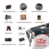 Load image into Gallery viewer, portable charcoal grill with case travel friendly comes in set with side tables grillgrate bbq pan eco fire strater gloves chimney charcoal grate bbq tools for camping travel small mobile foldable car park mini